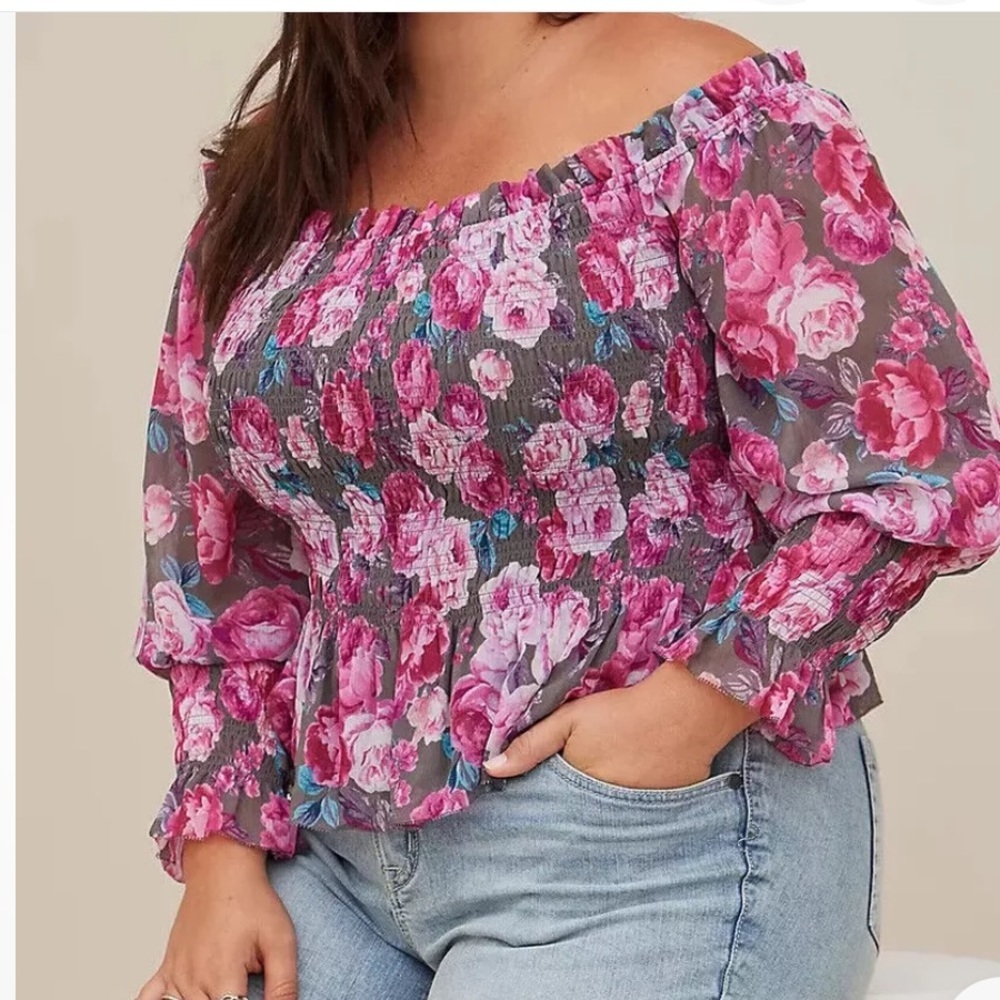 Torrid Crinkle Chiffon Smocked Waist Off Shoulder Top Floral Milkmaid SZ 4